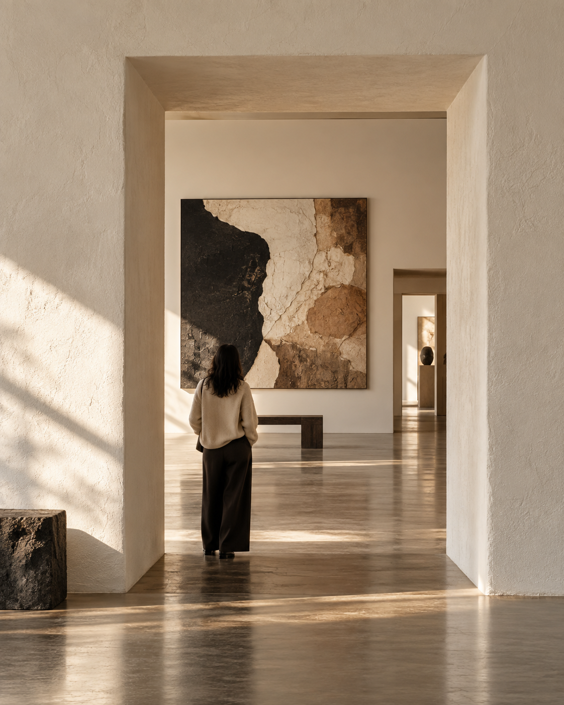Illustrative gallery threshold opening toward an artwork